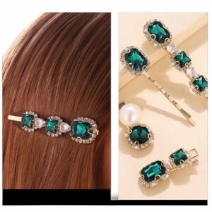NEW•Sugared + Bronzed Elegant Emerald Green Gemstone Hair Clip Set